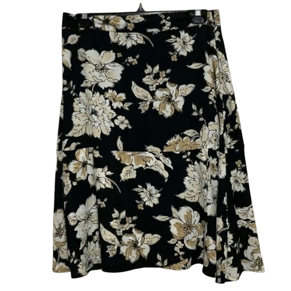 DE Collection Floral Black White Tan Midi Boho Skirt Flowy Bottom Size Small - Picture 1 of 5